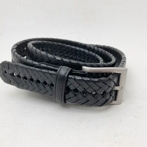 Lands End Black Braided Leather Belt Mens‎ Size 46 Silver Buckle